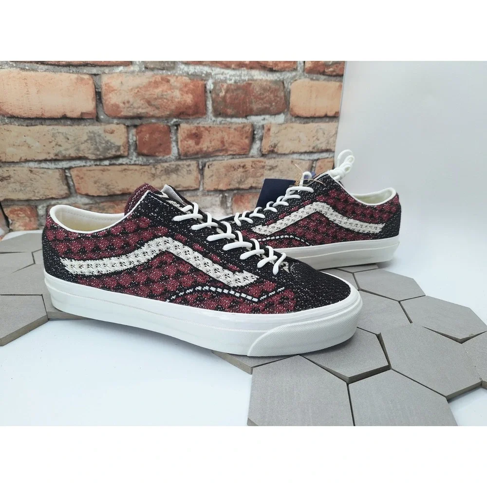 Vans Lx Old Skool 36 Ek Geo Check Grey Red Bordeaux Men's Sz 10.5 Knit